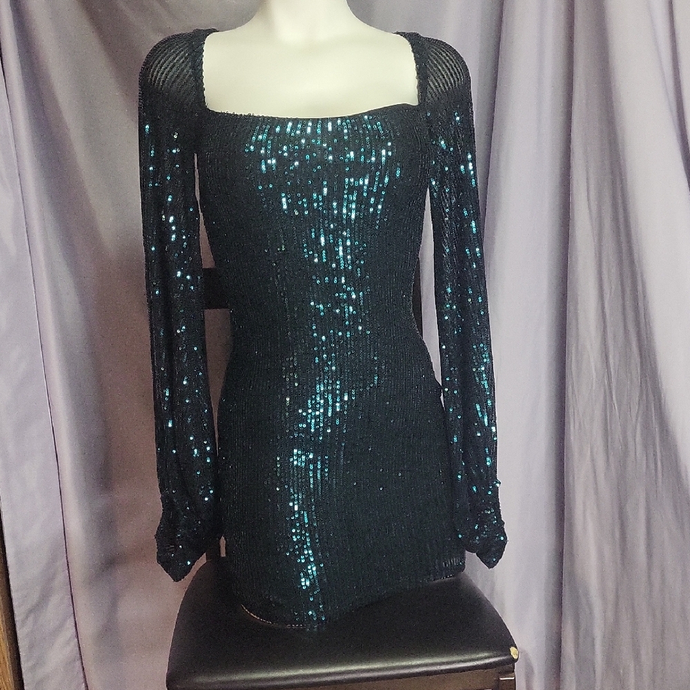 Lucy in the Sky Black and Emerald Sequin Dress